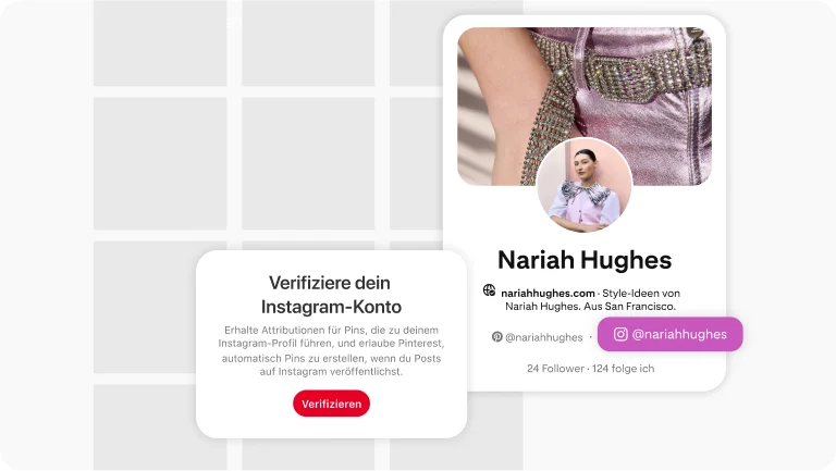Demo screen of the Pinterest Instagram account claiming feature with the profile of Pinterest user Nariah Hughes