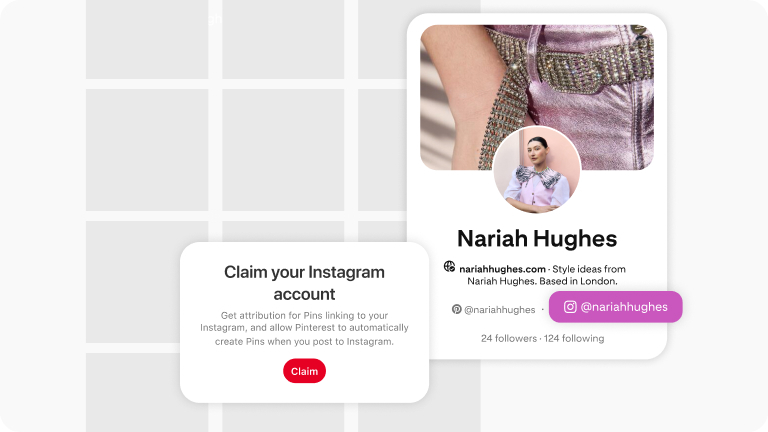 Demo screen of the Pinterest Instagram account claiming feature with the profile of Pinterest user Nariah Hughes