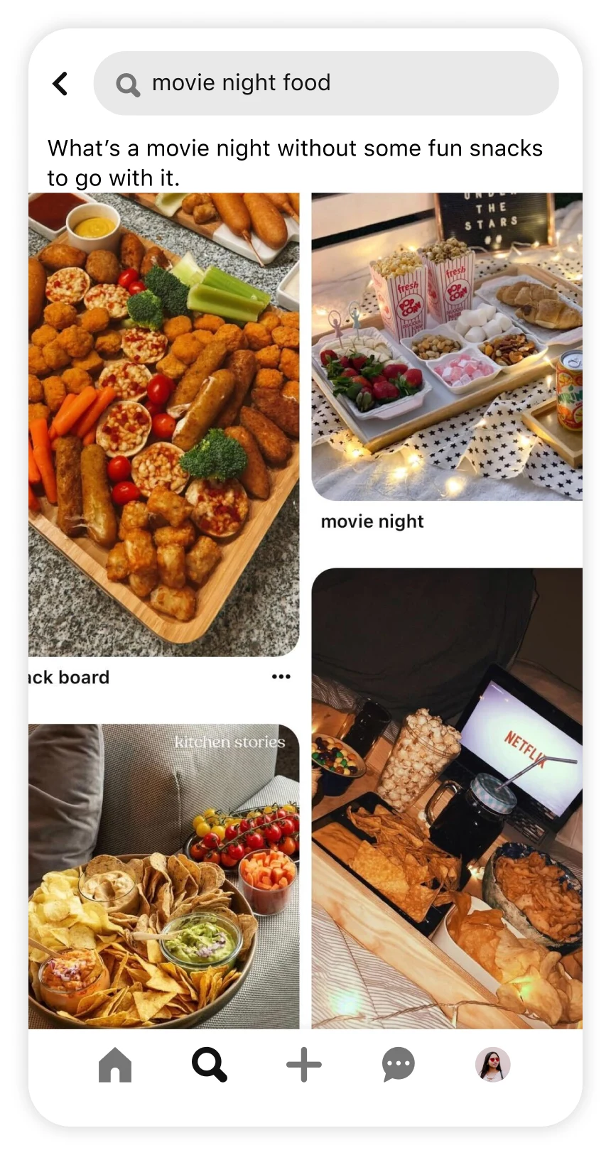 Screen shot of Pinterest app showing trend article for movie night food