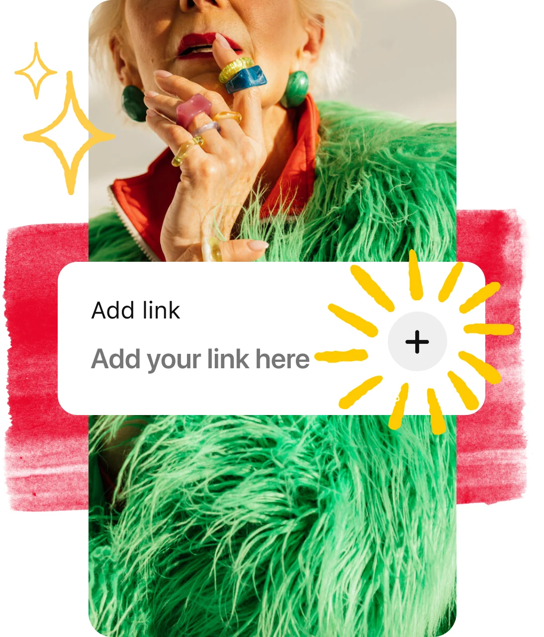 Add your link button overlaid on pin of woman in green fur coat
