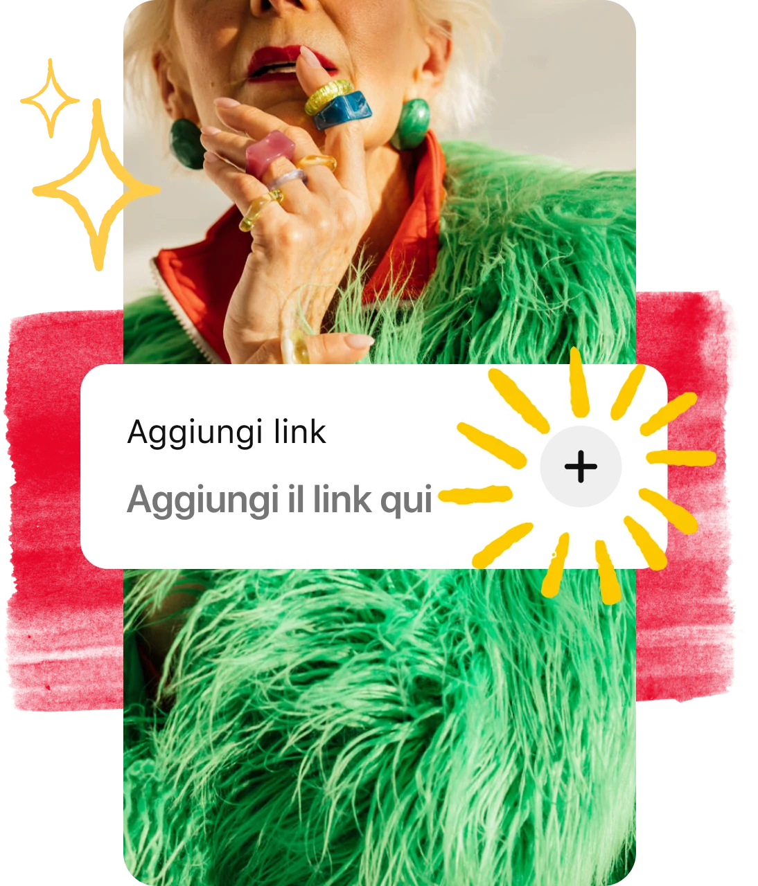 Pulsante Aggiungi link sovrapposto al Pin di una donna con una pelliccia verde