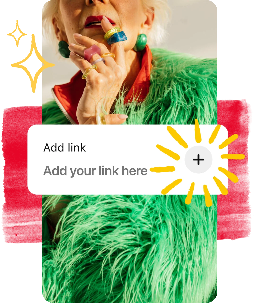 An ‘Add your link’ button is overlaid on a Pin of a woman in a green fur coat