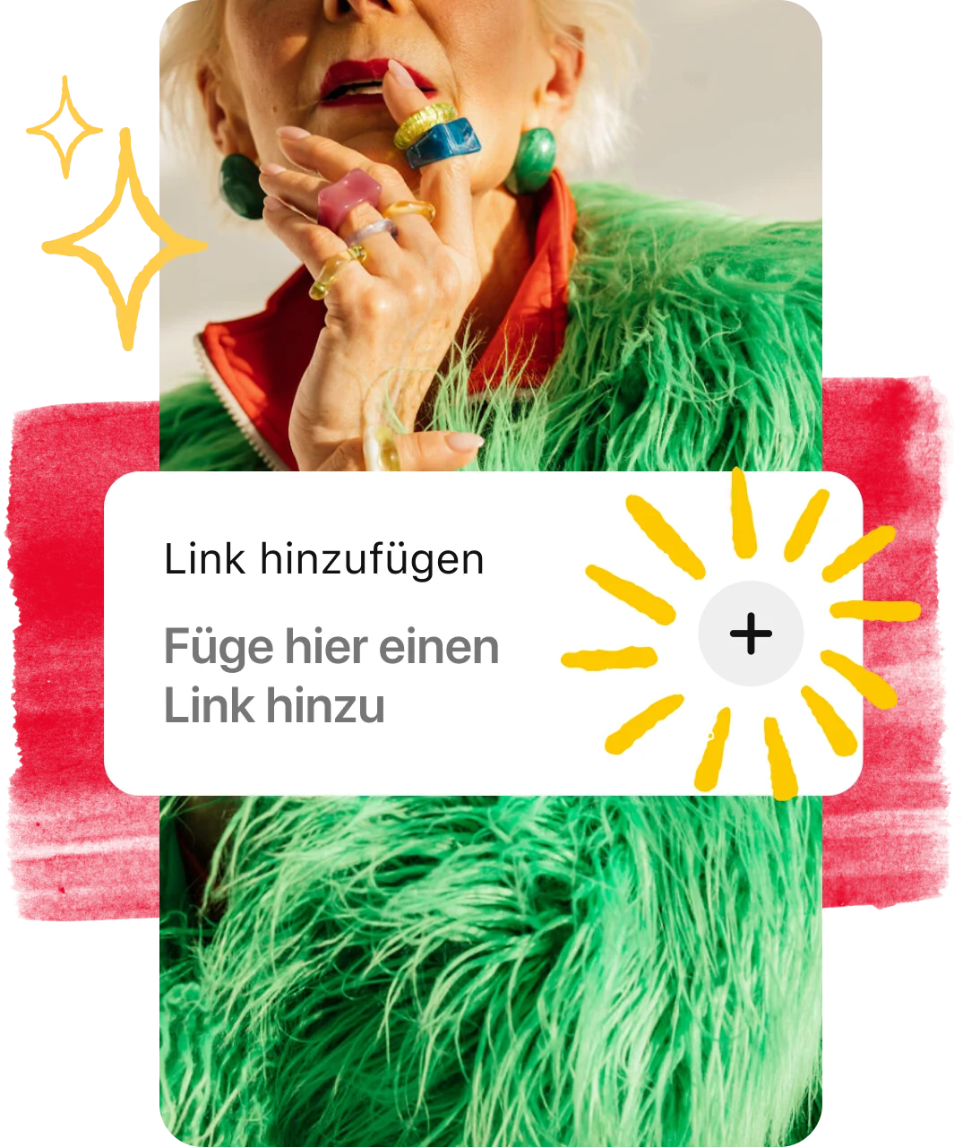 Button Link hinzufügen über Pin von Frau in grünem Pelzmantel