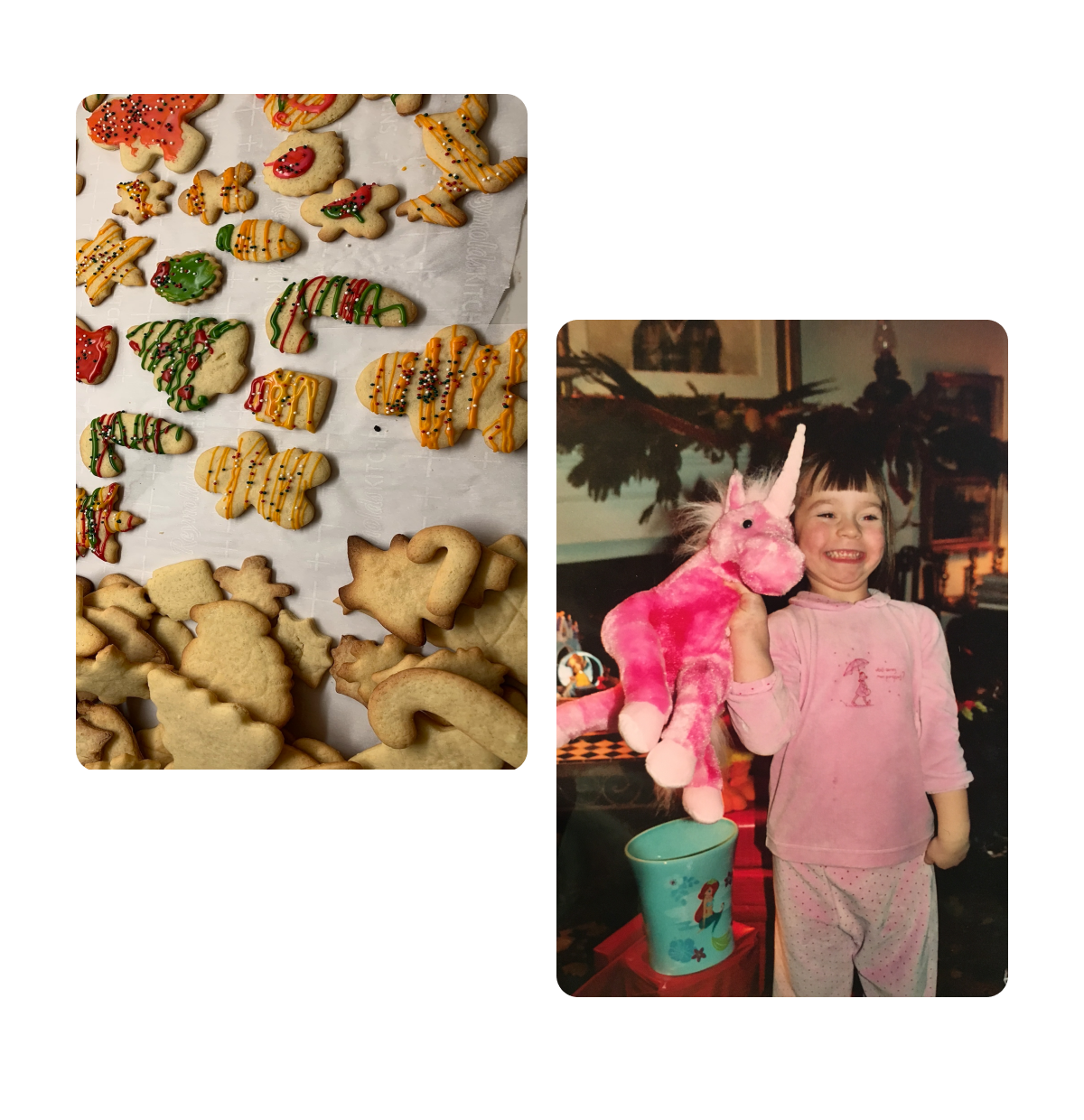 Two pins, homemade christmas cookies, young child holding stuffed animal