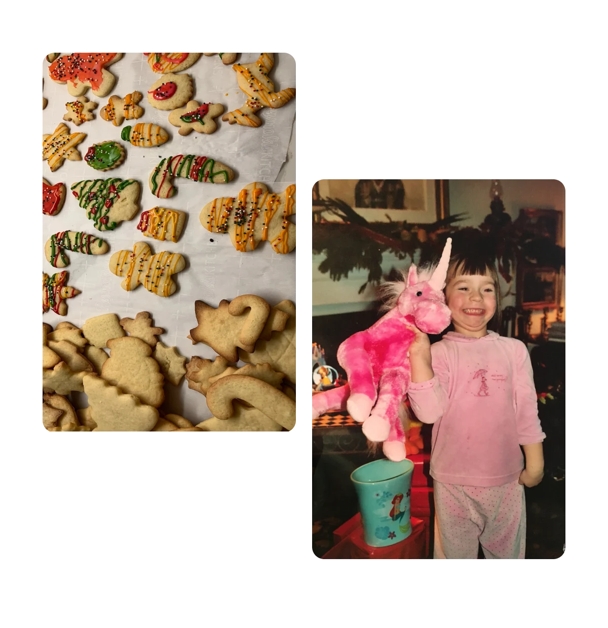 Dois Pins, biscoitos doces decorados de Natal, criança feliz com unicórnio de pelúcia