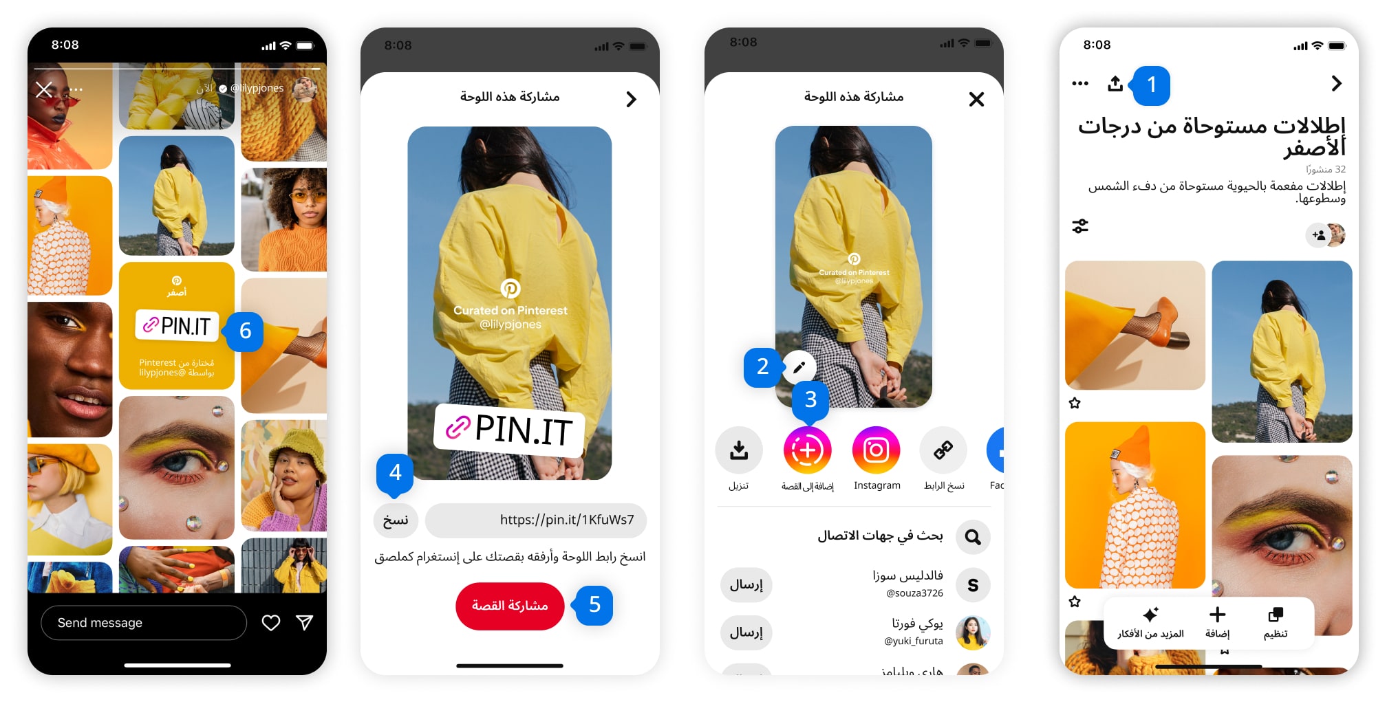 Product screens showing the steps for sharing boards to Instagram