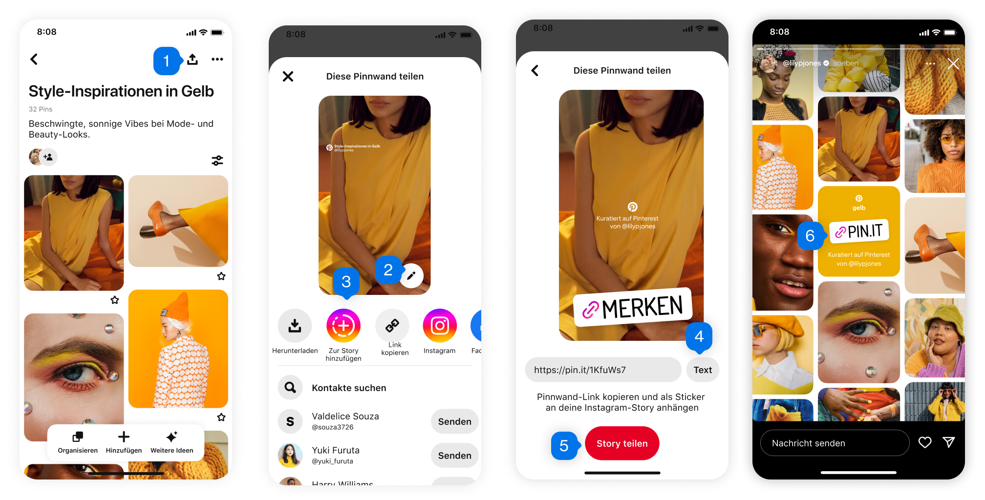 Product screens showing the steps for sharing boards to Instagram