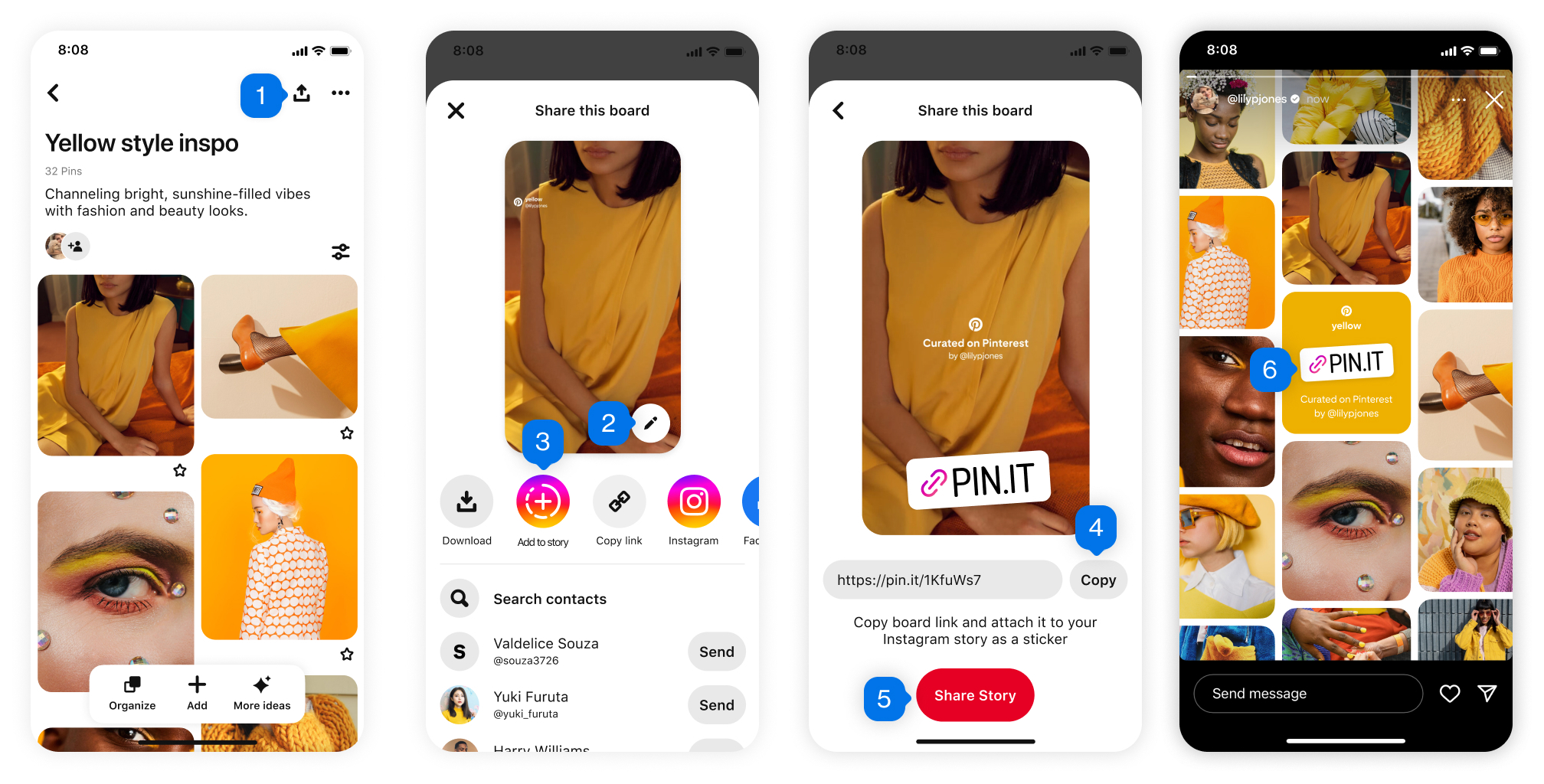 Product screens showing the steps for sharing boards to Instagram