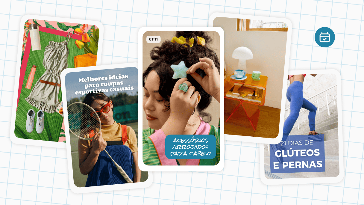 Um grupo de Pins sobre um papel quadriculado, com uma colagem de roupas, uma mulher segurando uma raquete de tênis e uma presilha de cabelo com estrelas.