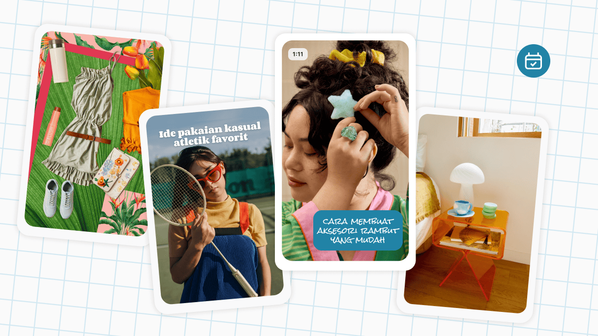 Sekelompok Pin di atas gambar kertas, menampilkan kolase pakaian, wanita memegang raket tenis, dan jepit rambut berbentuk bintang