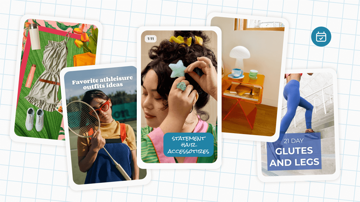 A group of Pins on top of graph paper, featuring an outfit collage, women holding a tennis racquet and star-shared hair barrette