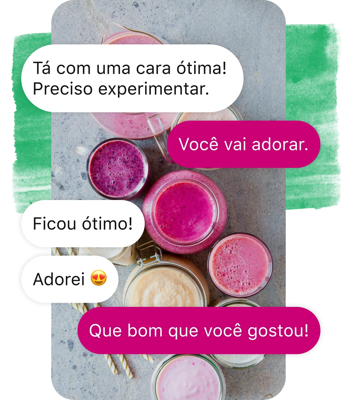 Balões de comentários e respostas sobrepostos no Pin de copos de suco