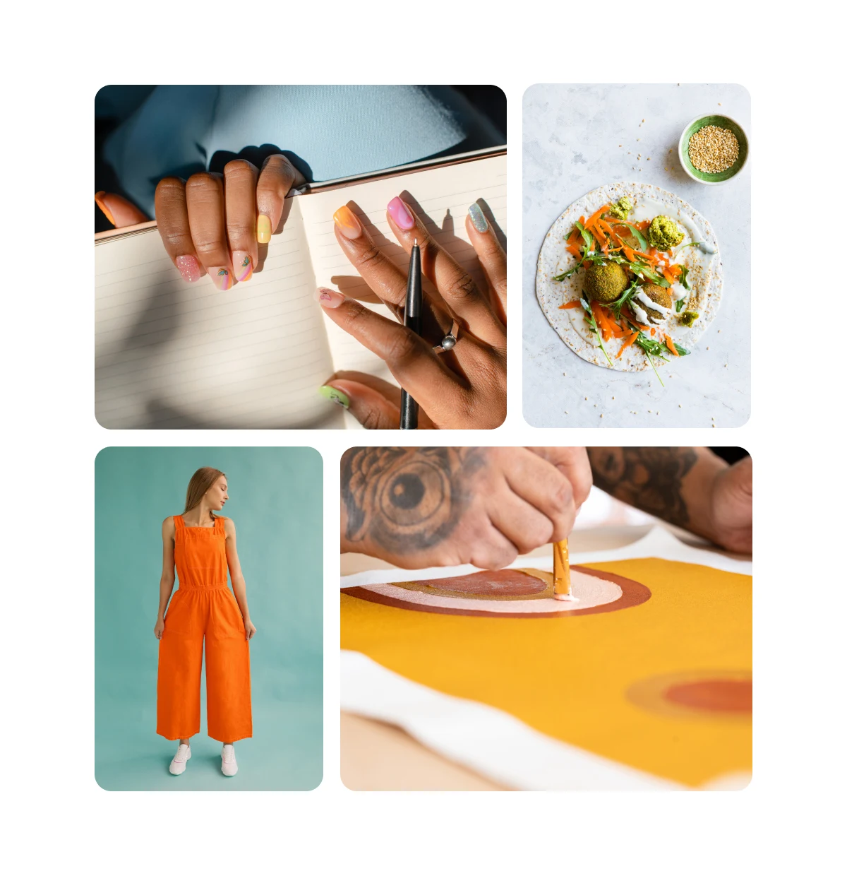 Grid of four images including journal prompts, healthy recipes, positive art projects, comfort outfits