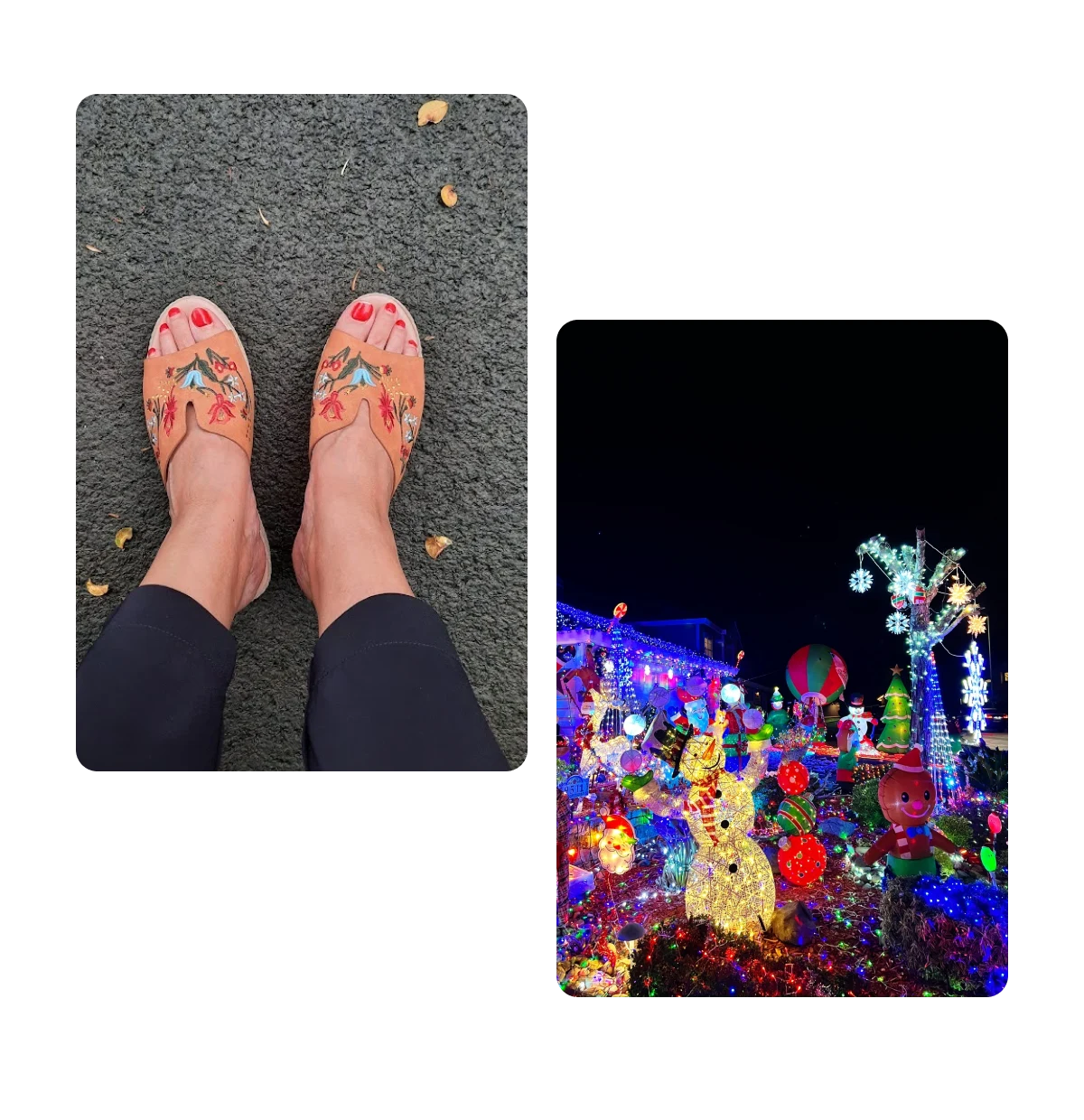 Two pins, holiday shoes, outdoor holiday decorations 