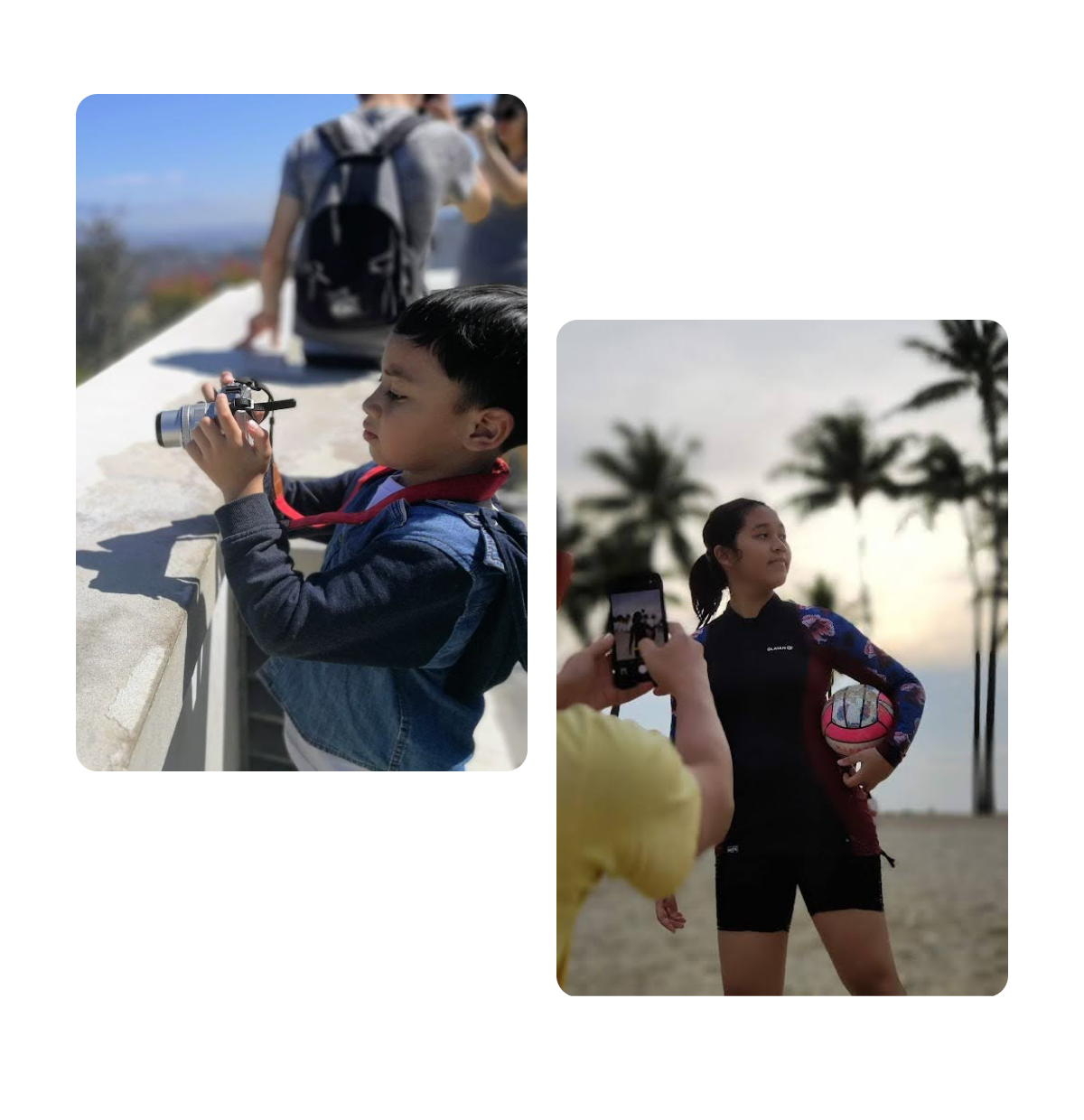 Two pins, young boy using camera, young girl posing for football photo