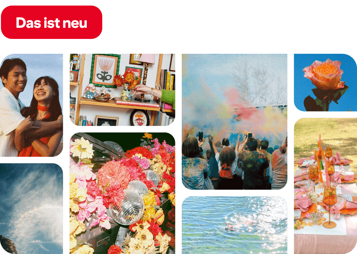 Pins featuring a happy couple, styled bookshelf, color powder festival, floral disco balls, orange rose, halo sky, lake splash, pink alfresco table.