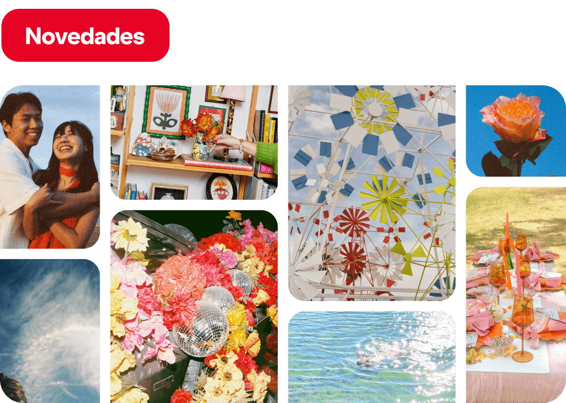 Pins featuring a happy couple, styled bookshelf, color powder festival, floral disco balls, orange rose, halo sky, lake splash, pink alfresco table.