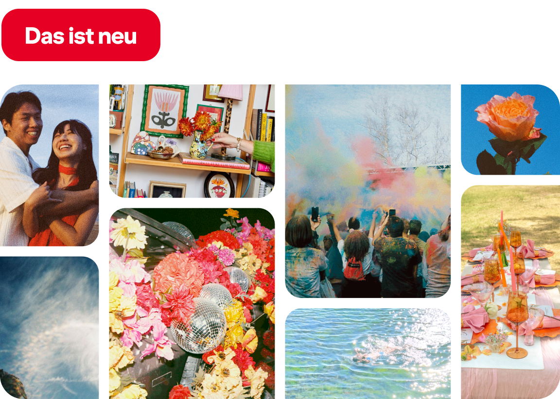 Pins featuring a happy couple, styled bookshelf, color powder festival, floral disco balls, orange rose, halo sky, lake splash, pink alfresco table.