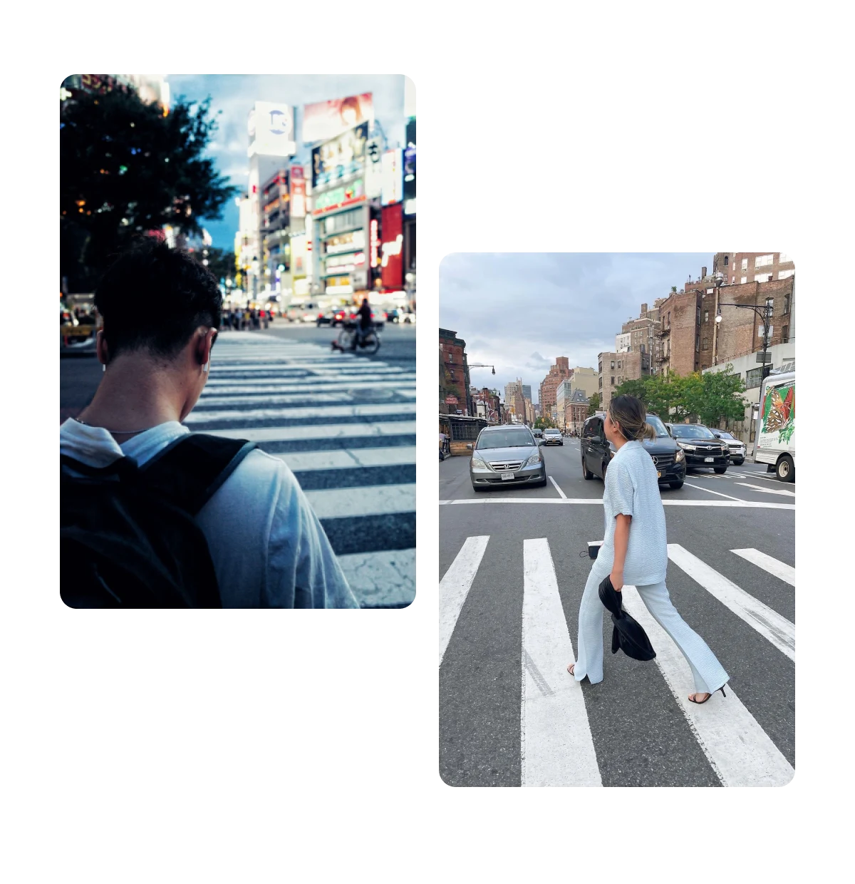 Two pins, man with backpack crossing street, woman crossing street