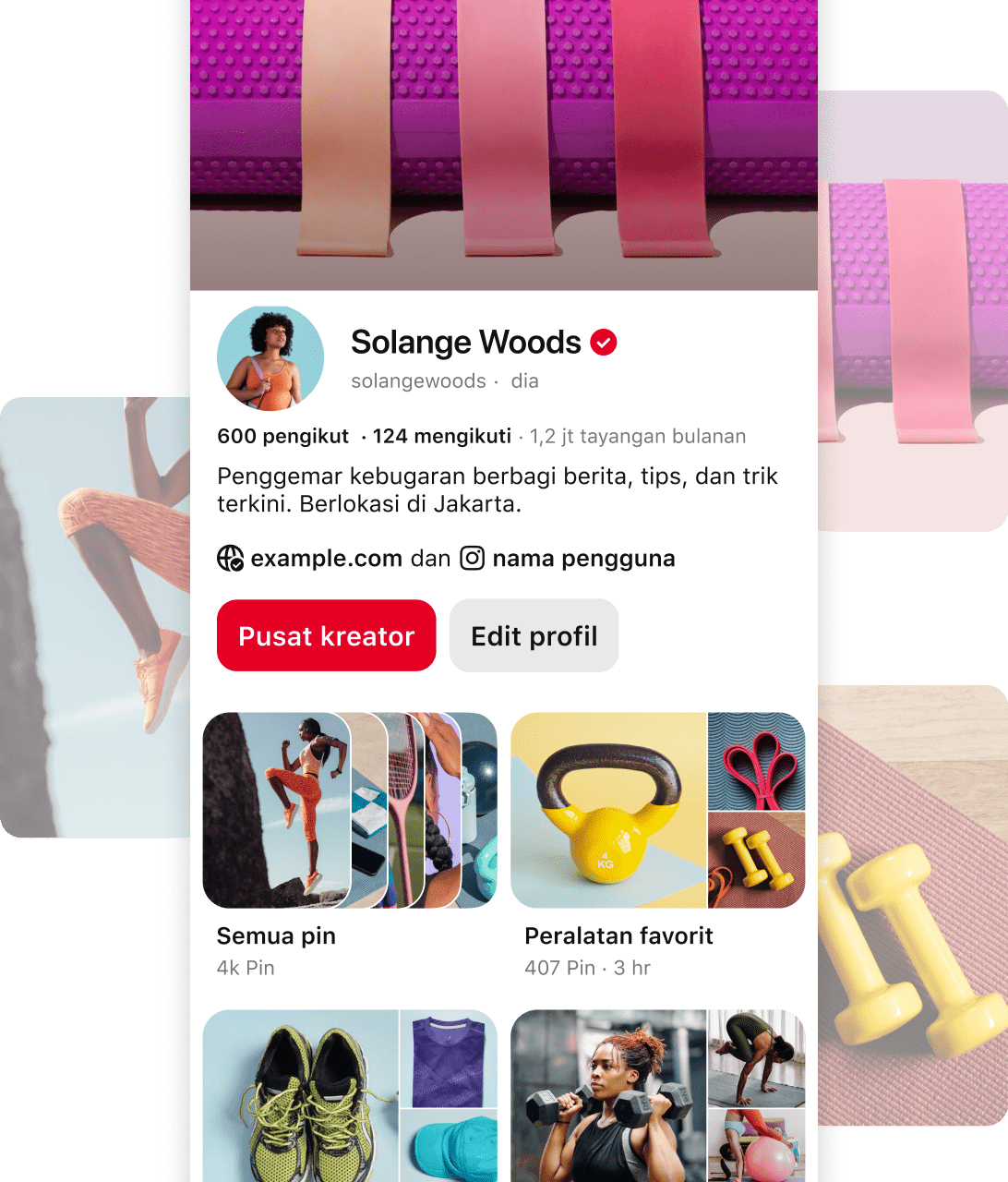 Screenshot of Pinterest profile for Solange Woods' a fitness enthusiast, with details about her follower count, location, and content categories.