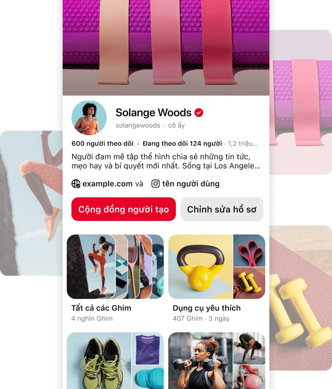 Ảnh chụp màn hình hồ sơ Pinterest của Solange Woods – một người đam mê thể hình, hiển thị thông tin chi tiết về số lượng người theo dõi, vị trí và danh mục nội dung của cô.