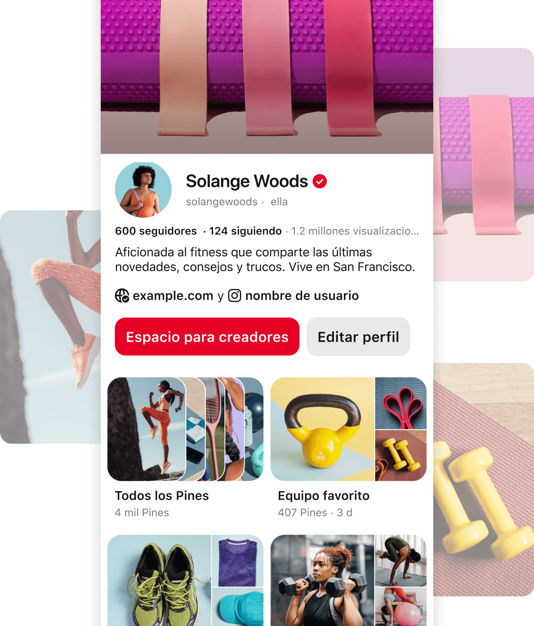 Screenshot of Pinterest profile for Solange Woods' a fitness enthusiast, with details about her follower count, location, and content categories.