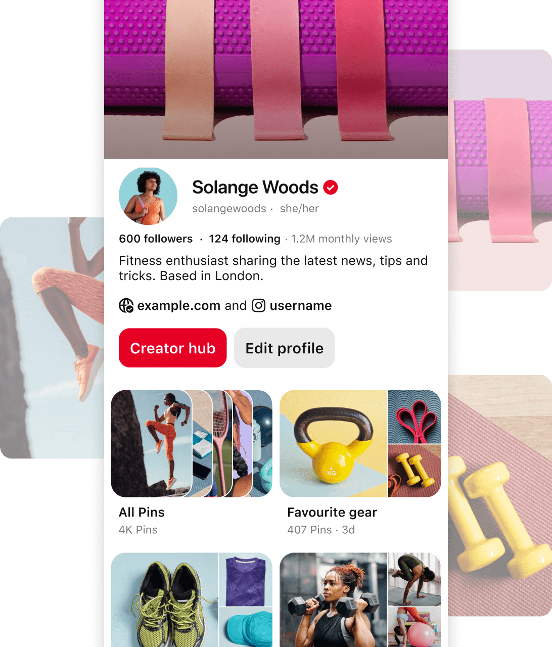 Screenshot of Pinterest profile for Solange Woods' a fitness enthusiast, with details about her follower count, location, and content categories.