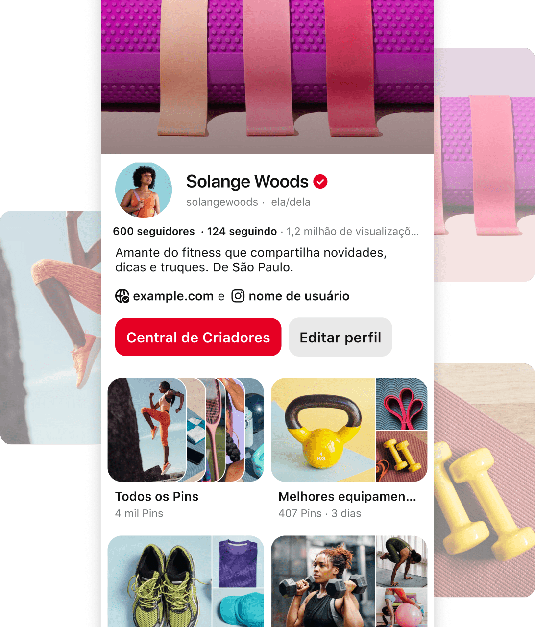 Screenshot of Pinterest profile for Solange Woods' a fitness enthusiast, with details about her follower count, location, and content categories.