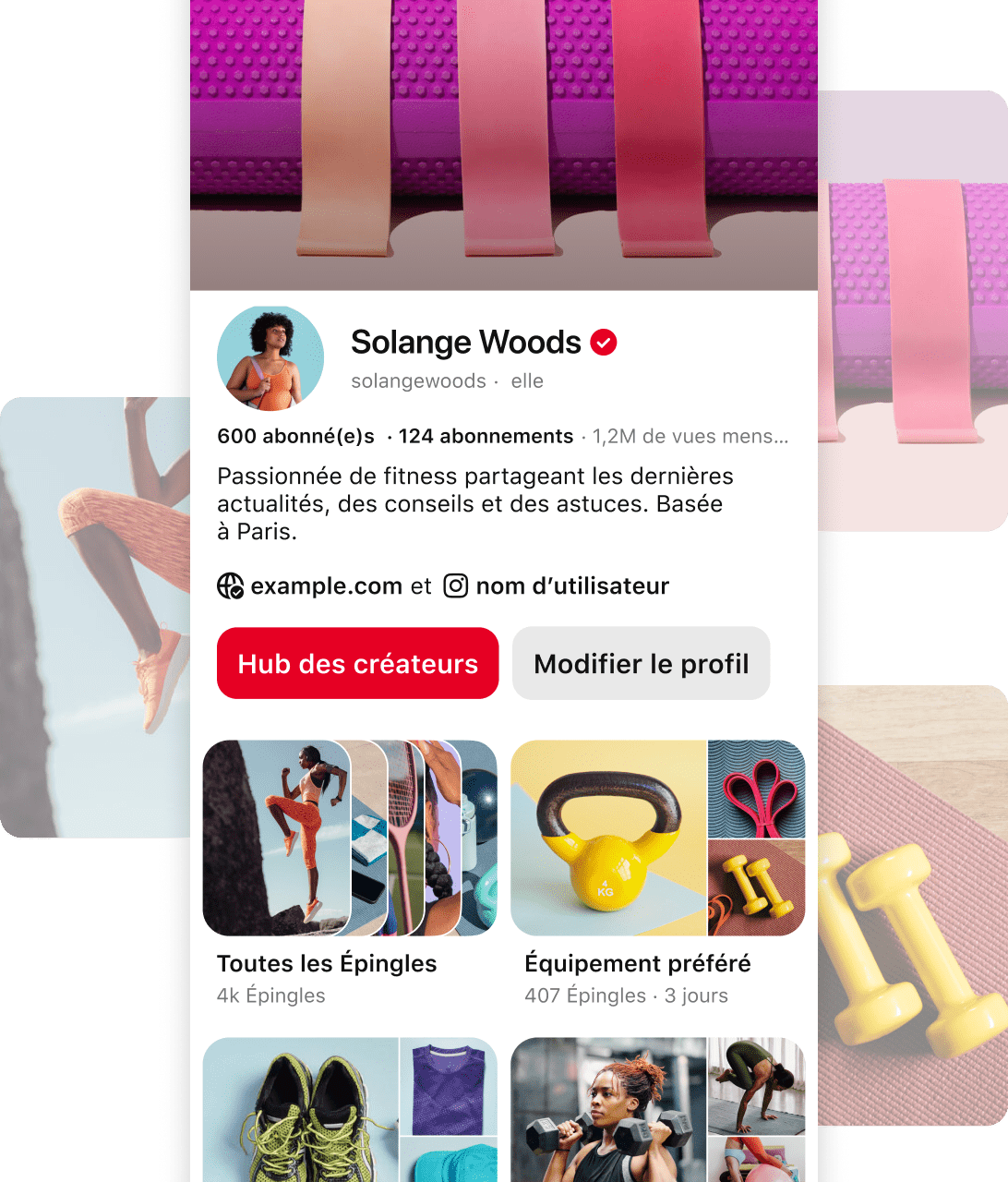 Screenshot of Pinterest profile for Solange Woods' a fitness enthusiast, with details about her follower count, location, and content categories.