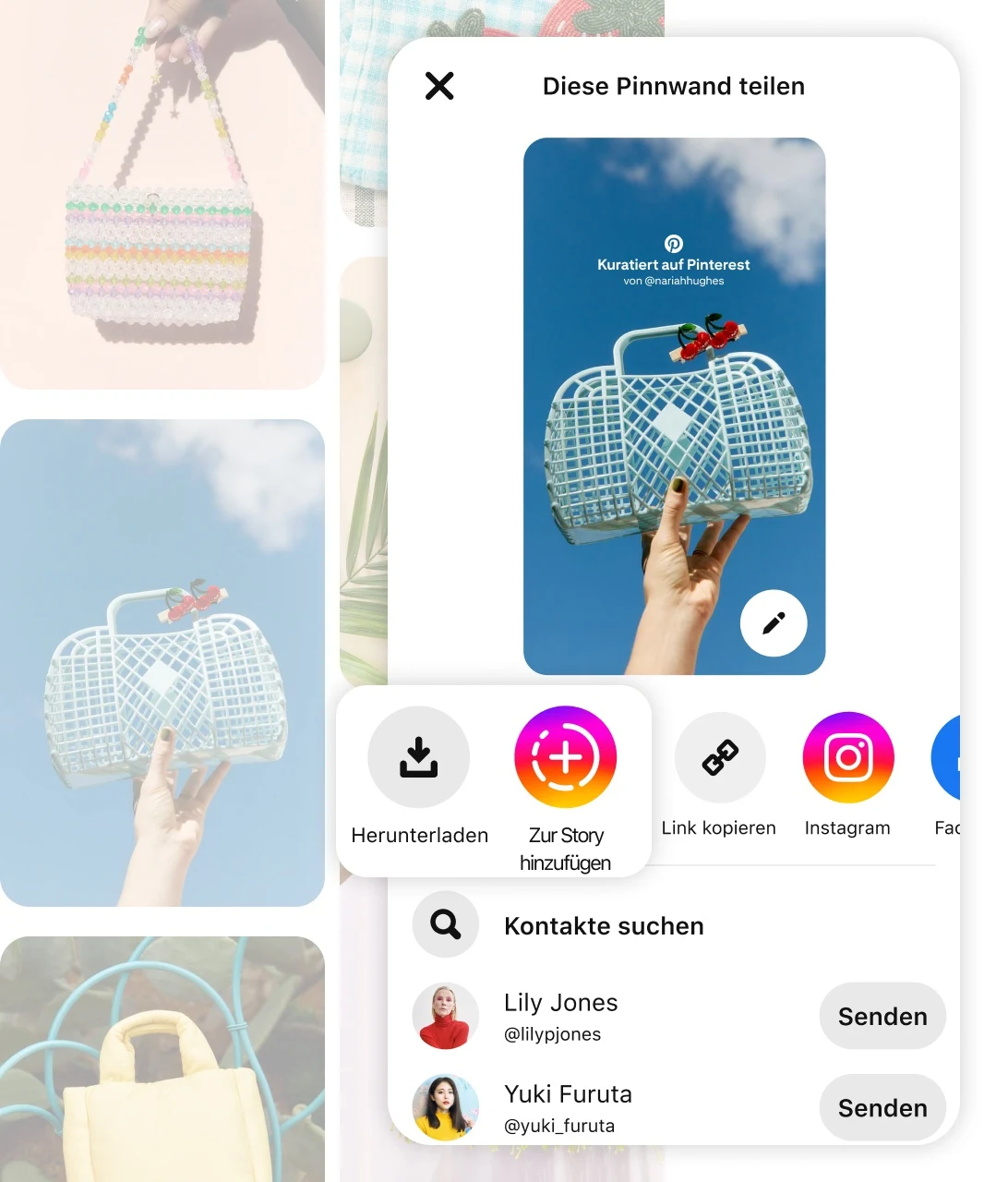 Pin grid including various purses with demo Pinterest app screen prompting to "Share this board"