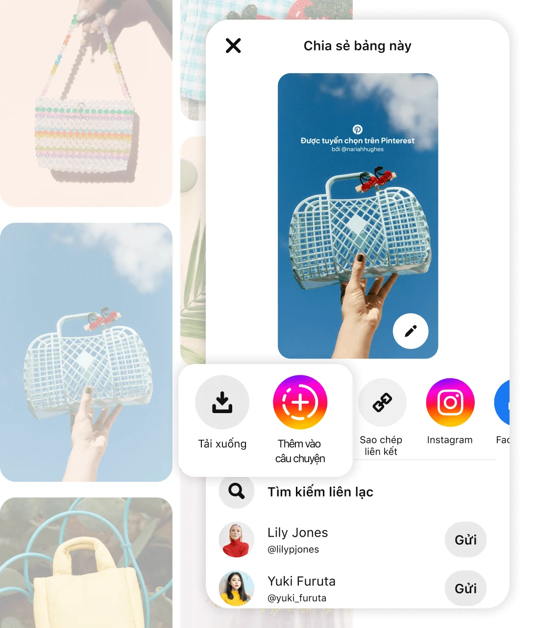 Lưới ghim bao gồm nhiều chiếc ví khác nhau với màn hình ứng dụng Pinterest minh họa nhắc "Chia sẻ bảng này"