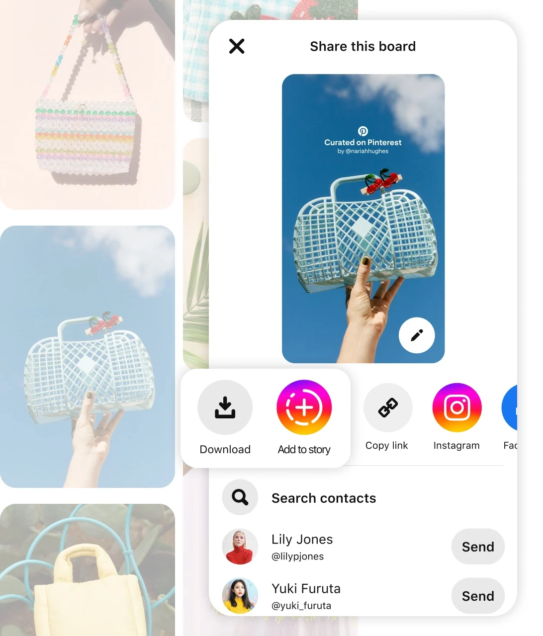 Pin grid including various purses with demo Pinterest app screen prompting to "Share this board"