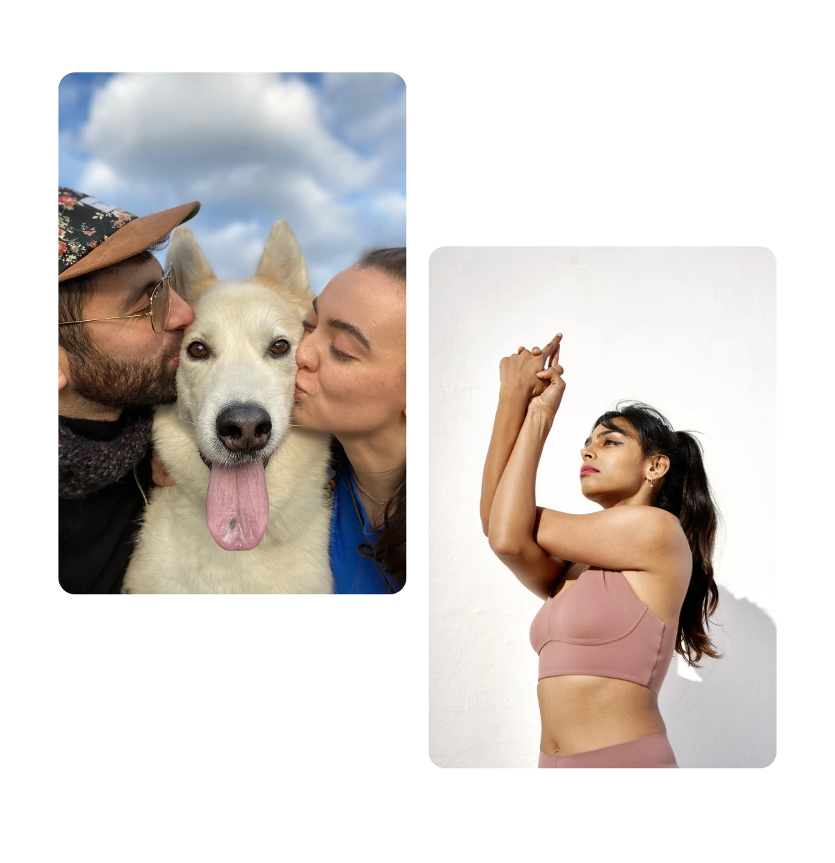 Two pins, couple kissing dog, woman in yoga pose