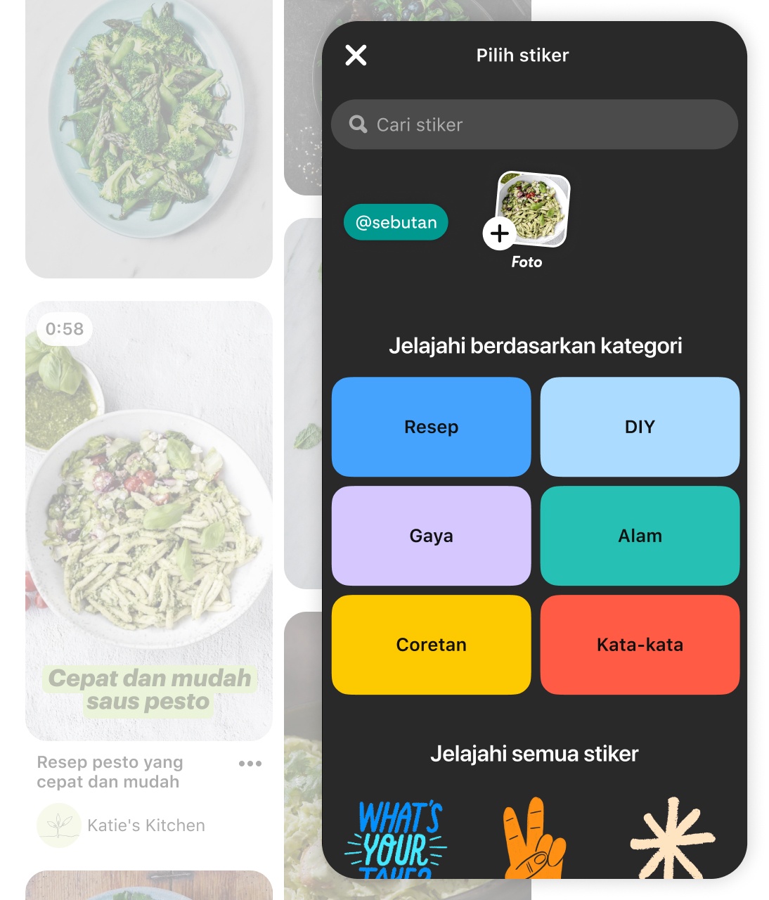 Phone screen showing Pinterest video editing sticker special features
