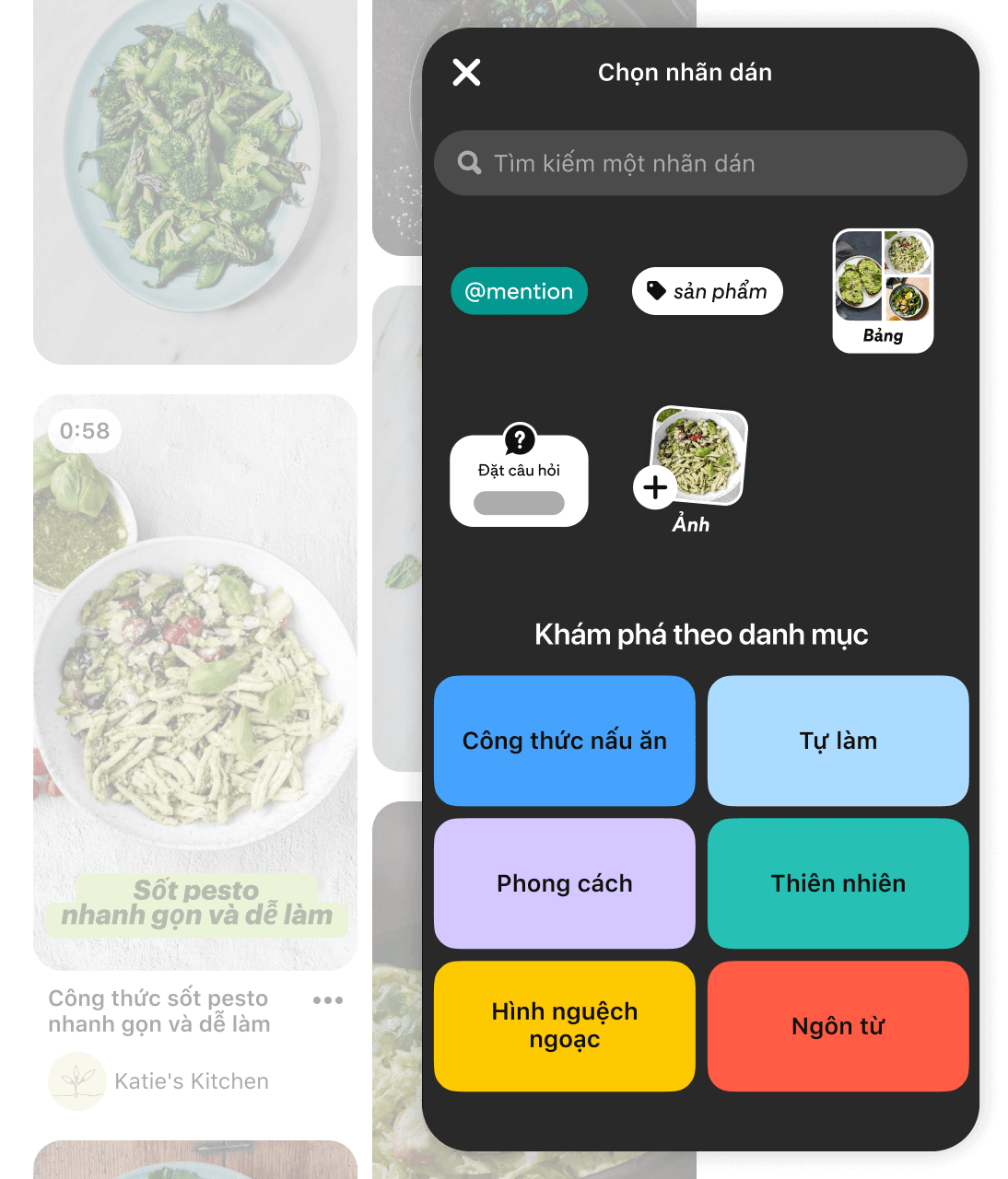 Màn hình điện thoại hiển thị các tính năng đặc biệt của Pinterest là nhãn dán chỉnh sửa video