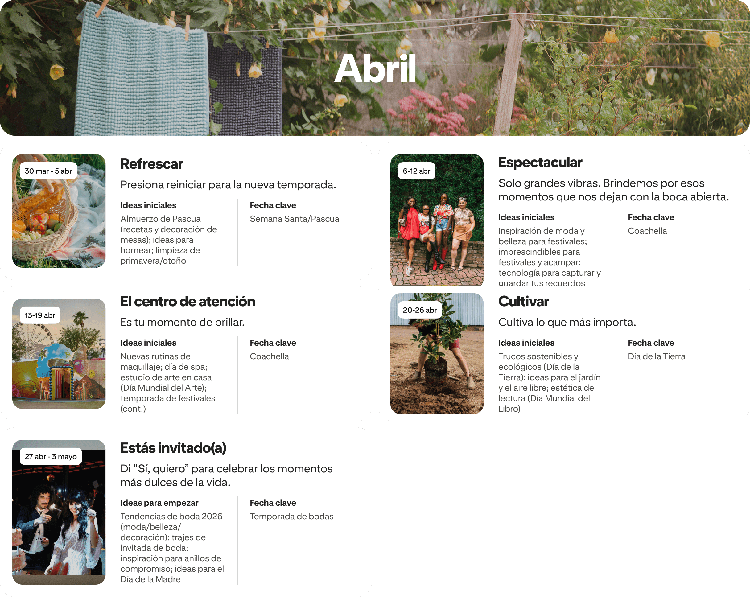 April planner view with five cards: Refresh, Showstopper, Center stage, Cultivate and You're invited, each dated and paired with photos.