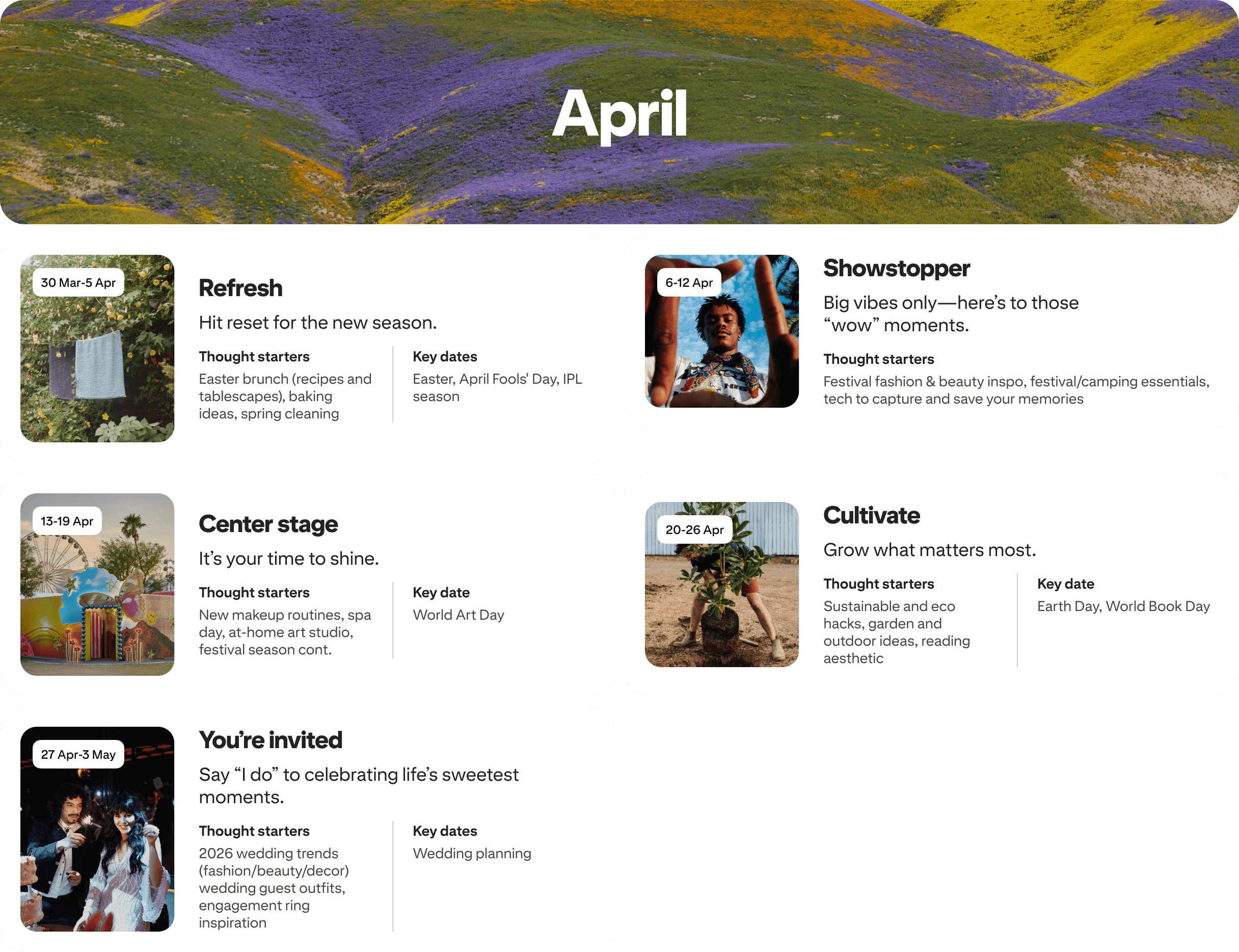 April planner view with five cards: Refresh, Showstopper, Center stage, Cultivate and You're invited, each dated and paired with photos.