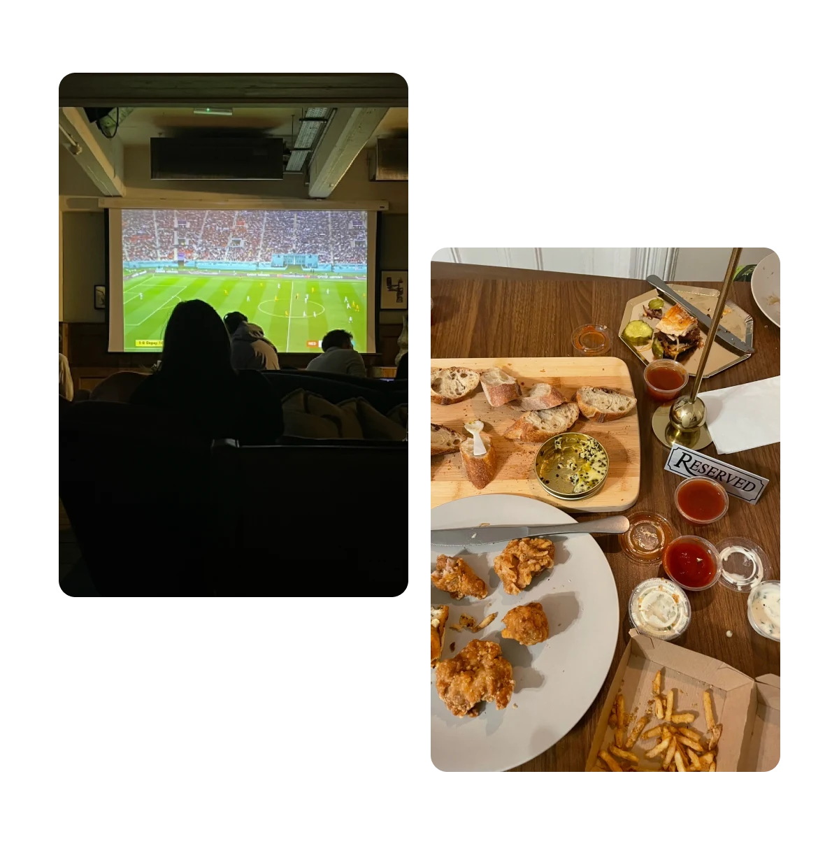 Two pins, fans watching football game, spread of junk food