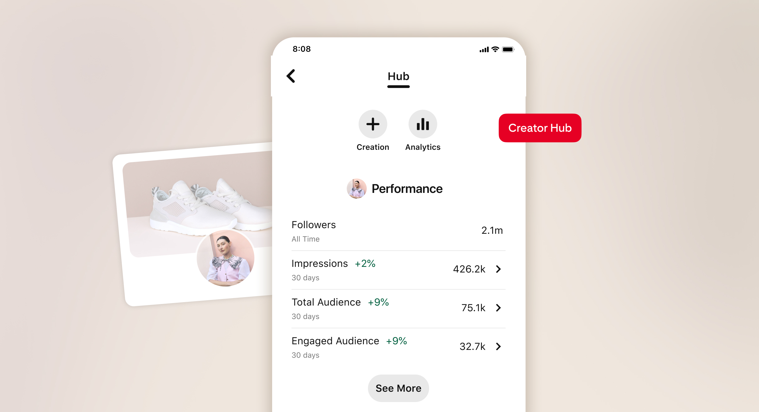A Pinterest Creator Hub preview showing buttons for "Creation" and "Analytics" and a performance overview with data for followers, impressions, total audience, engaged audience, and a "See More" button. The red creator hub button is overlaid.