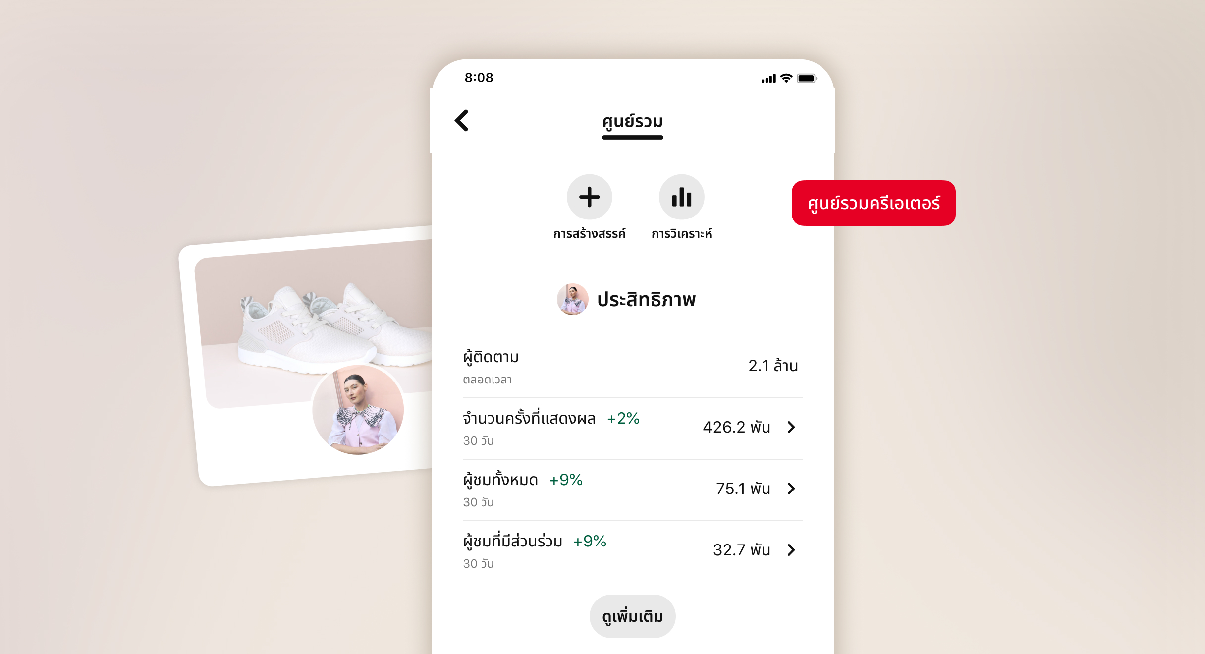 ตัวอย่างศูนย์รวมครีเอเตอร์ของ Pinterest ที่แสดงปุ่ม "การสร้างสรรค์" และ "การวิเคราะห์" และภาพรวมประสิทธิภาพพร้อมกับข้อมูลสำหรับผู้ติดตาม จำนวนครั้งที่แสดงผล ผู้ชมทั้งหมด ผู้ชมที่มีส่วนร่วม และปุ่ม "ดูเพิ่มเติม" ปุ่มศูนย์กลางผู้สร้างสีแดงมีการซ้อนทับ