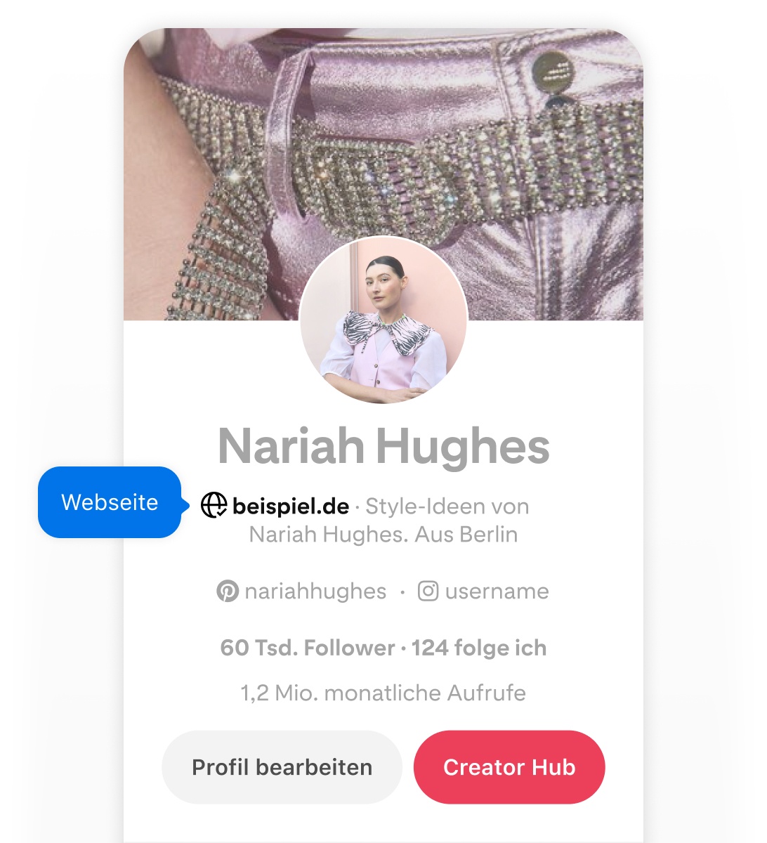 Mobile screenshot of Nariah Hughes' Pinterest profile, featuring two blue pop-up buttons labeled 'Website' pointing to her website.