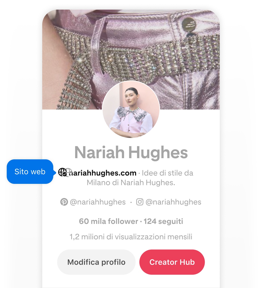 Mobile screenshot of Nariah Hughes' Pinterest profile, featuring two blue pop-up buttons labeled 'Website' pointing to her website.