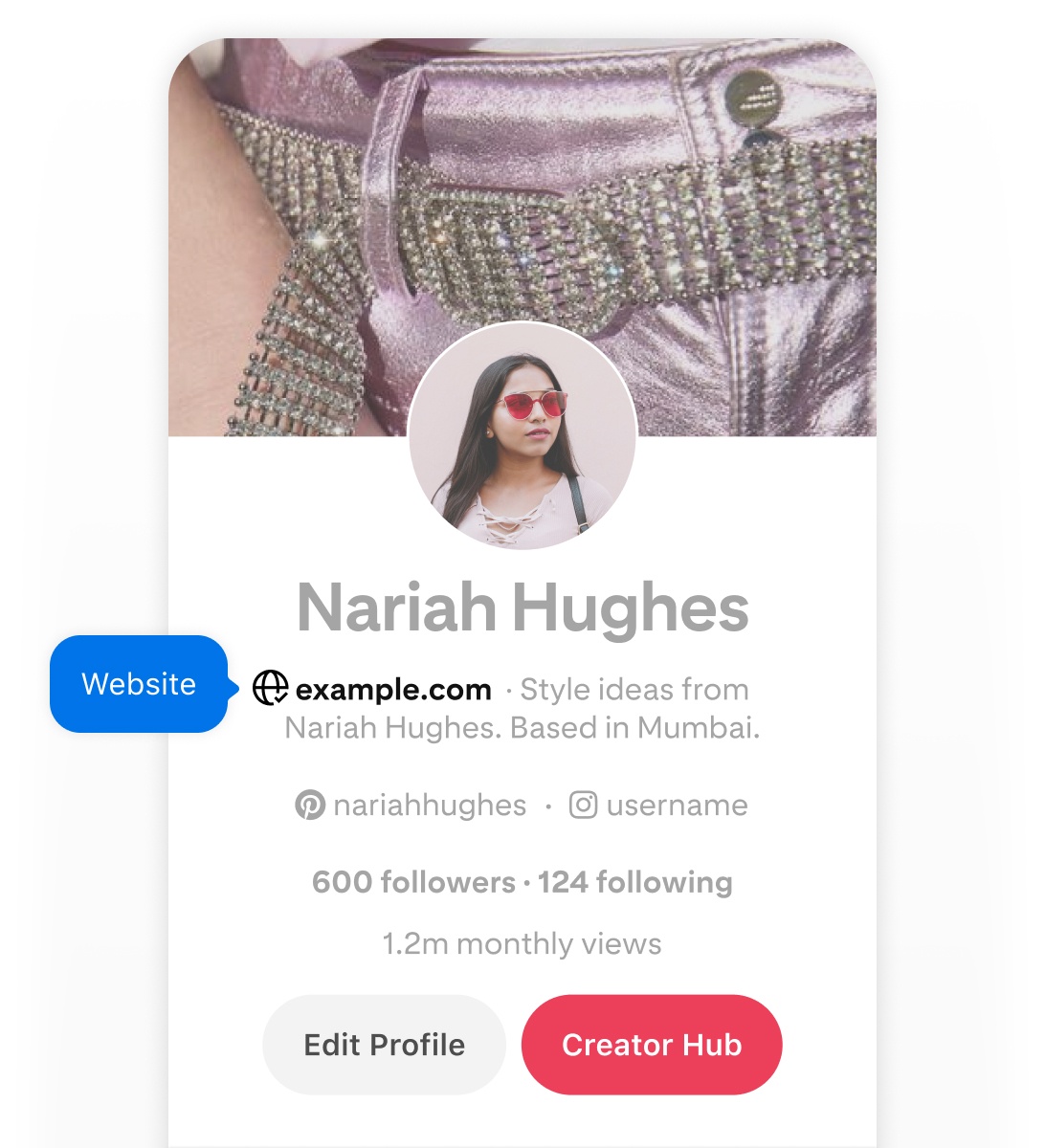 Mobile screenshot of Nariah Hughes' Pinterest profile, featuring two blue pop-up buttons labeled 'Website' pointing to her website.
