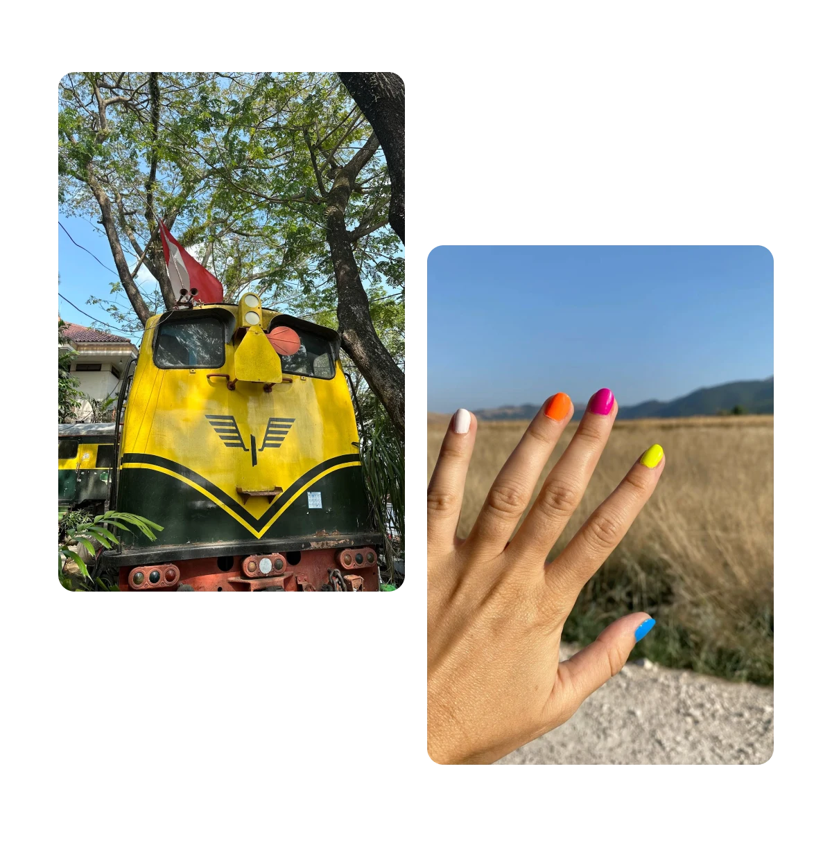 Two pins, truck with flag on it, rainbow nails
