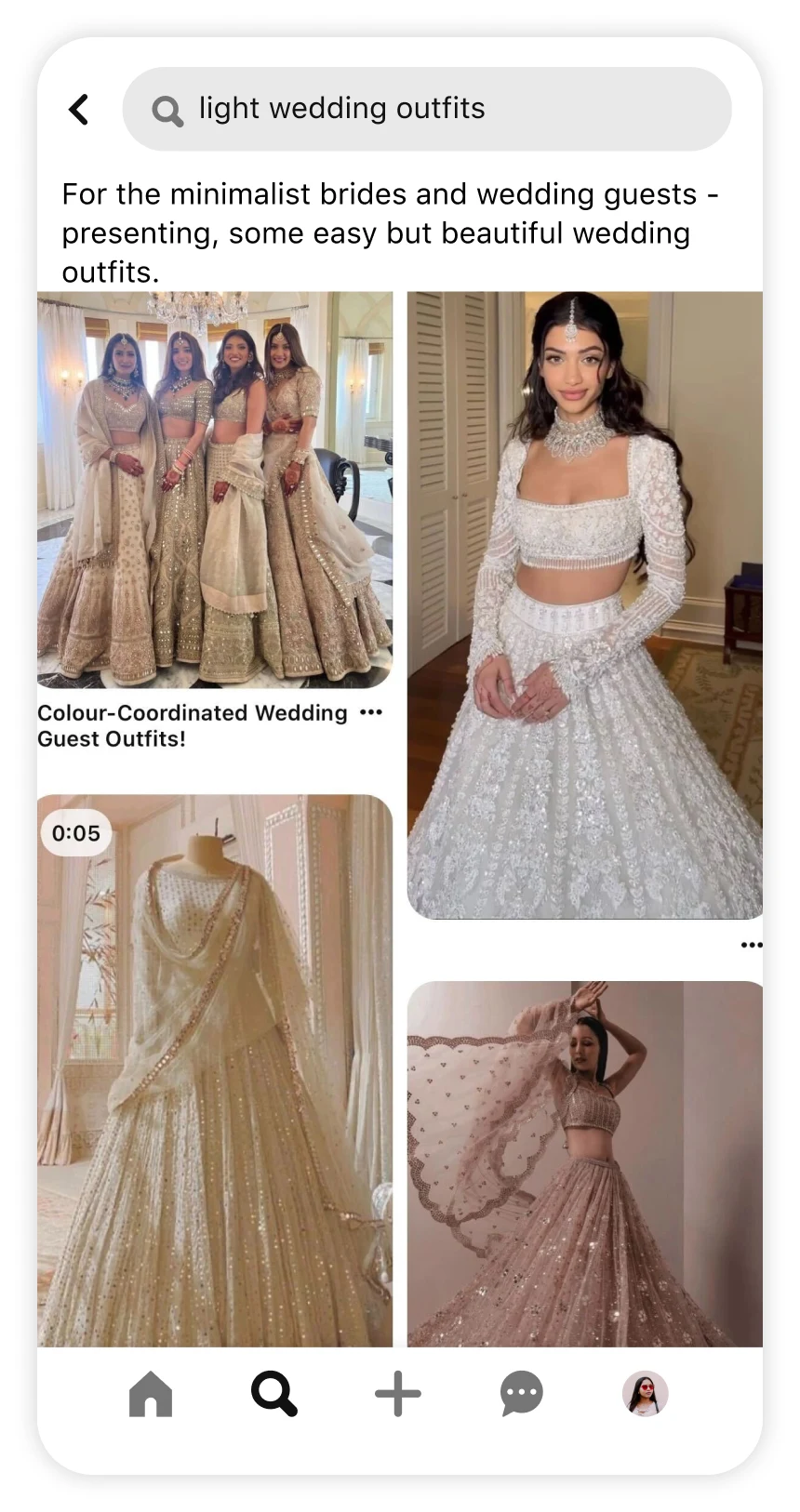 Screen shot of Pinterest app showing trend article for light wedding outfits