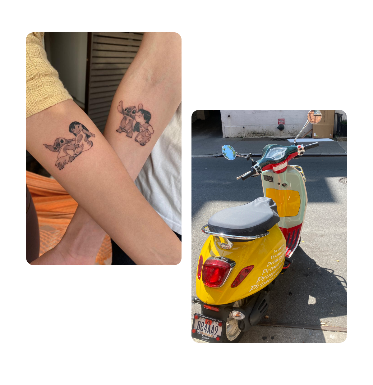 Two pins, clay figurines, moped