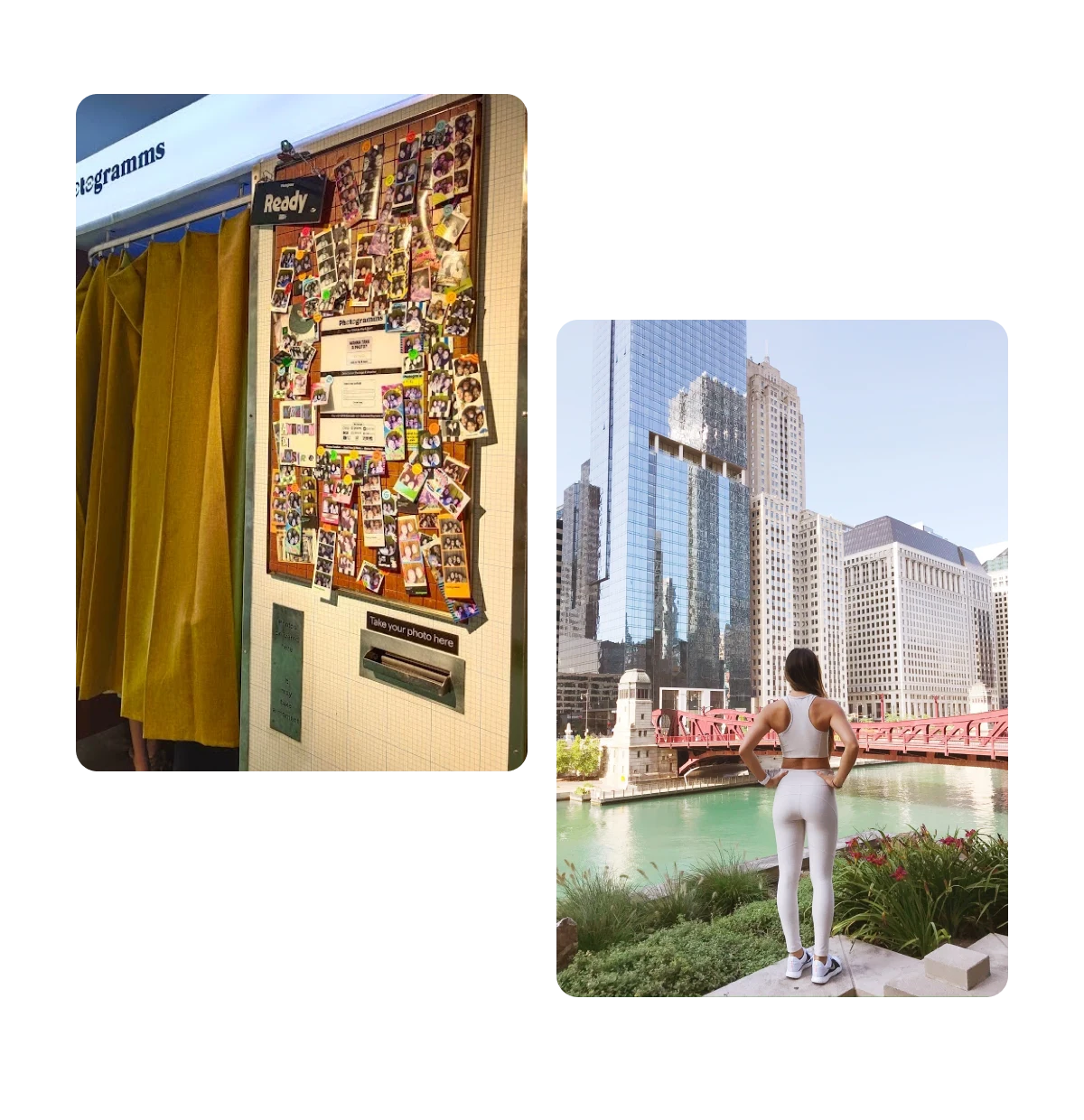 Two pins, photo collage on wall, woman facing waterfront