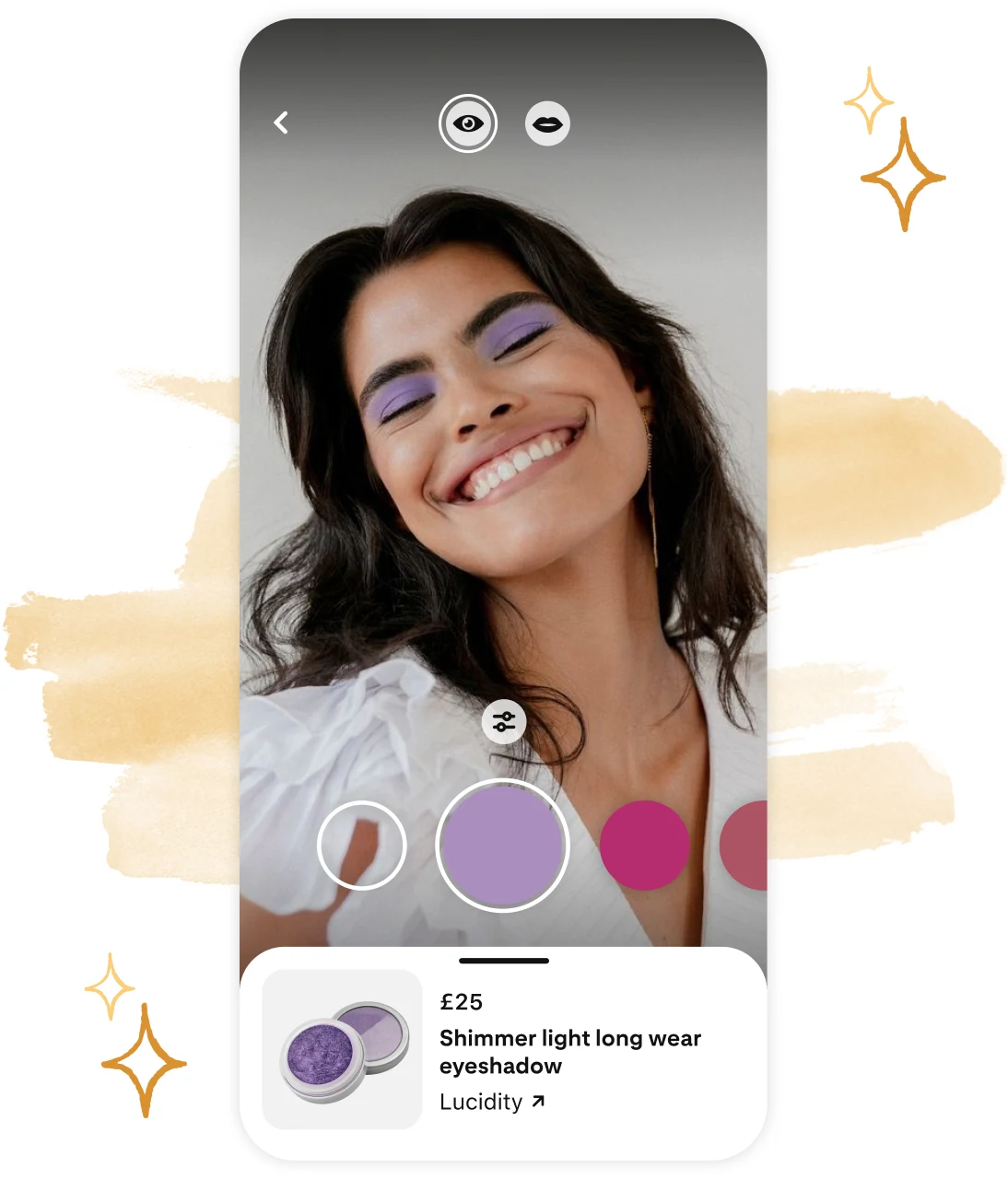 Close-up of a mobile app UI camera with a women trying on purple eyeshadow