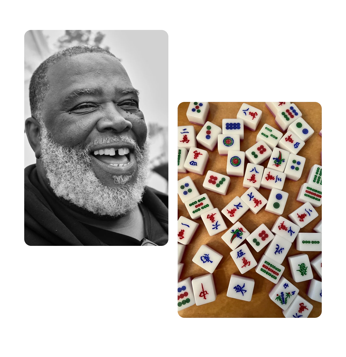 Dois Pins, homem idoso sorrindo, peças do jogo mahjong