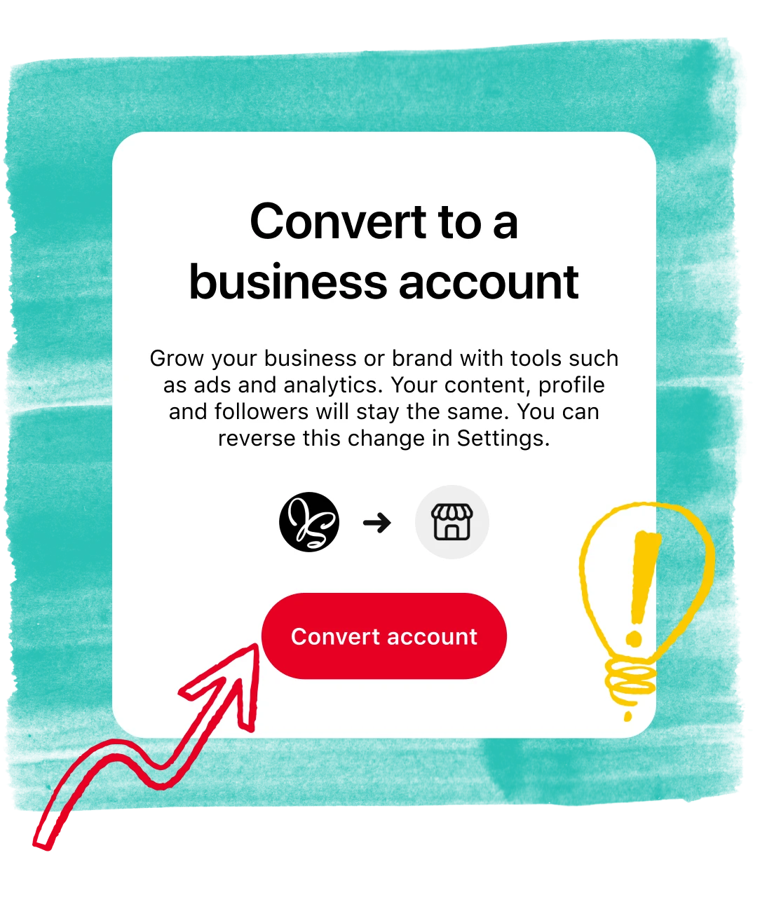 Pinterest app screen showing how to convert to a business account
